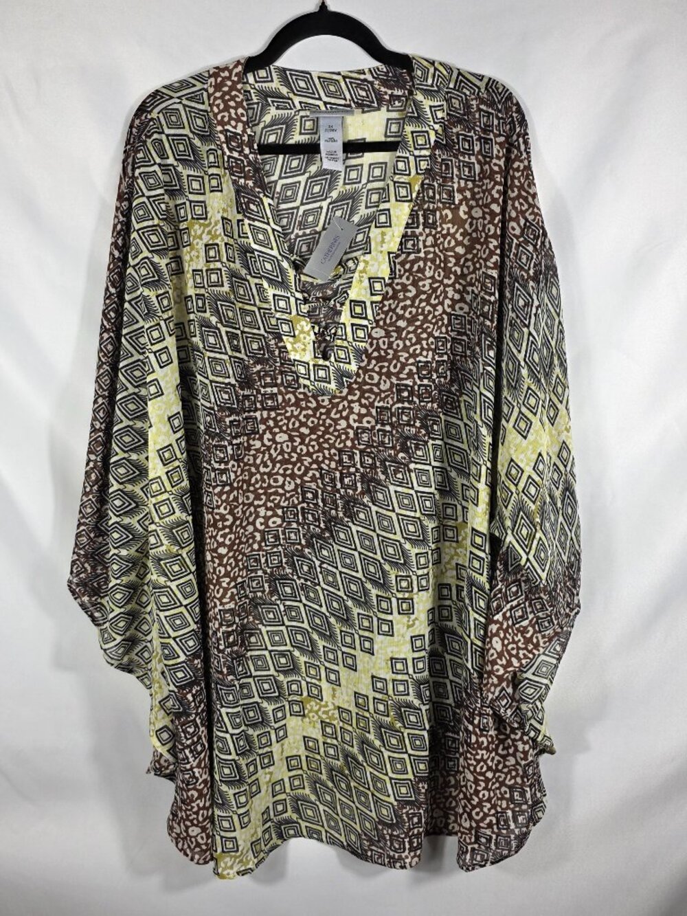 Catherines Tunic Top Blouse Women's Size 2X Size 22/24W Ivory Brown Mixed Print